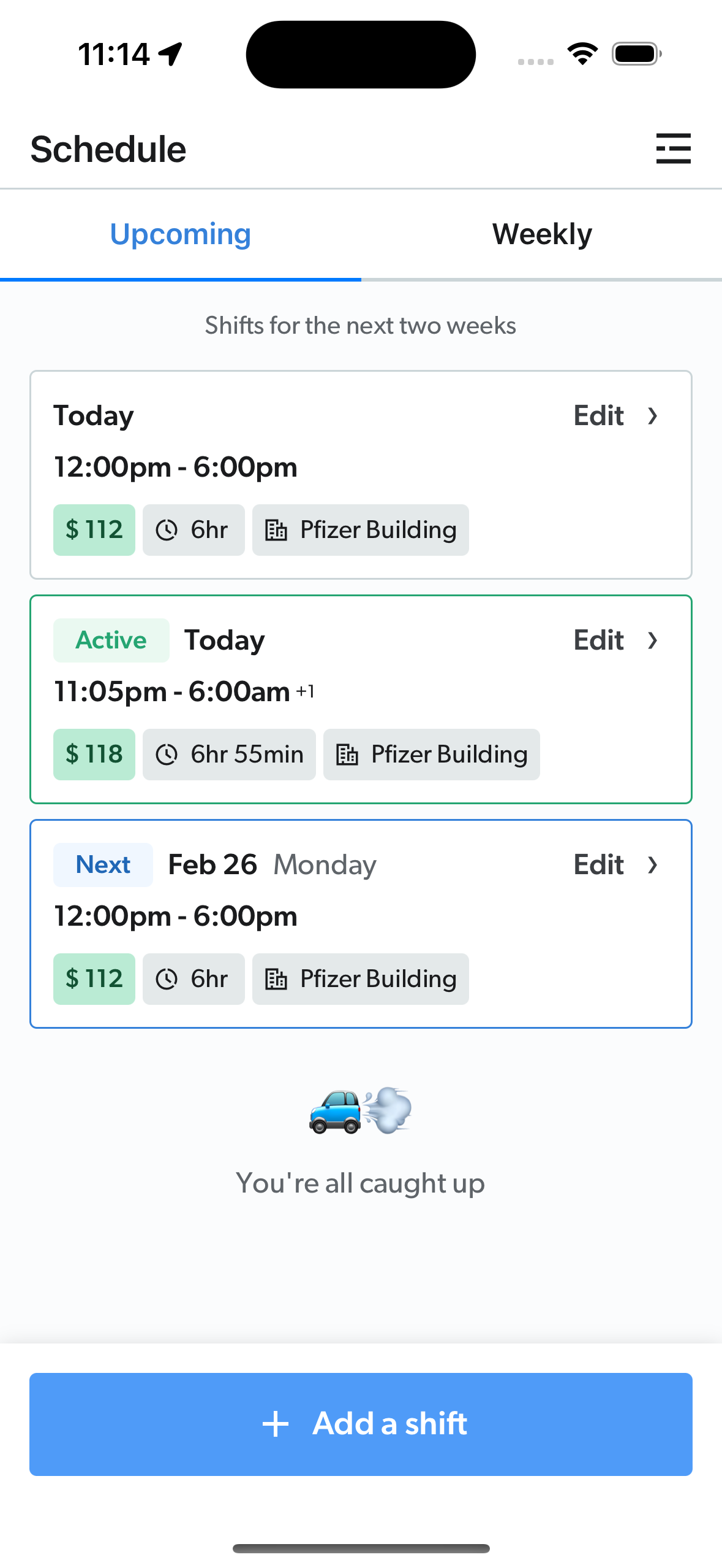 The driver app schedule page.