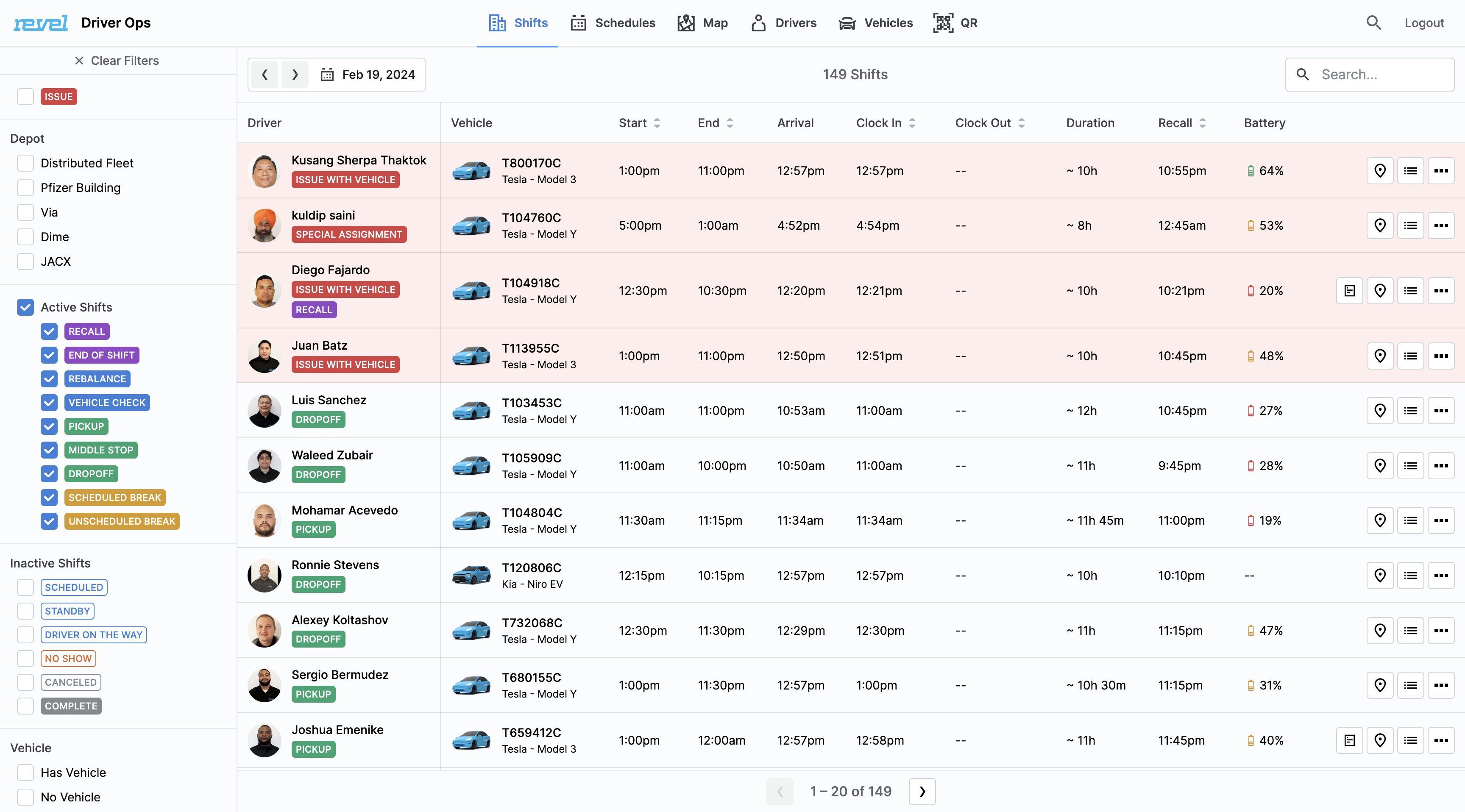 The driver support dashboard shifts page.