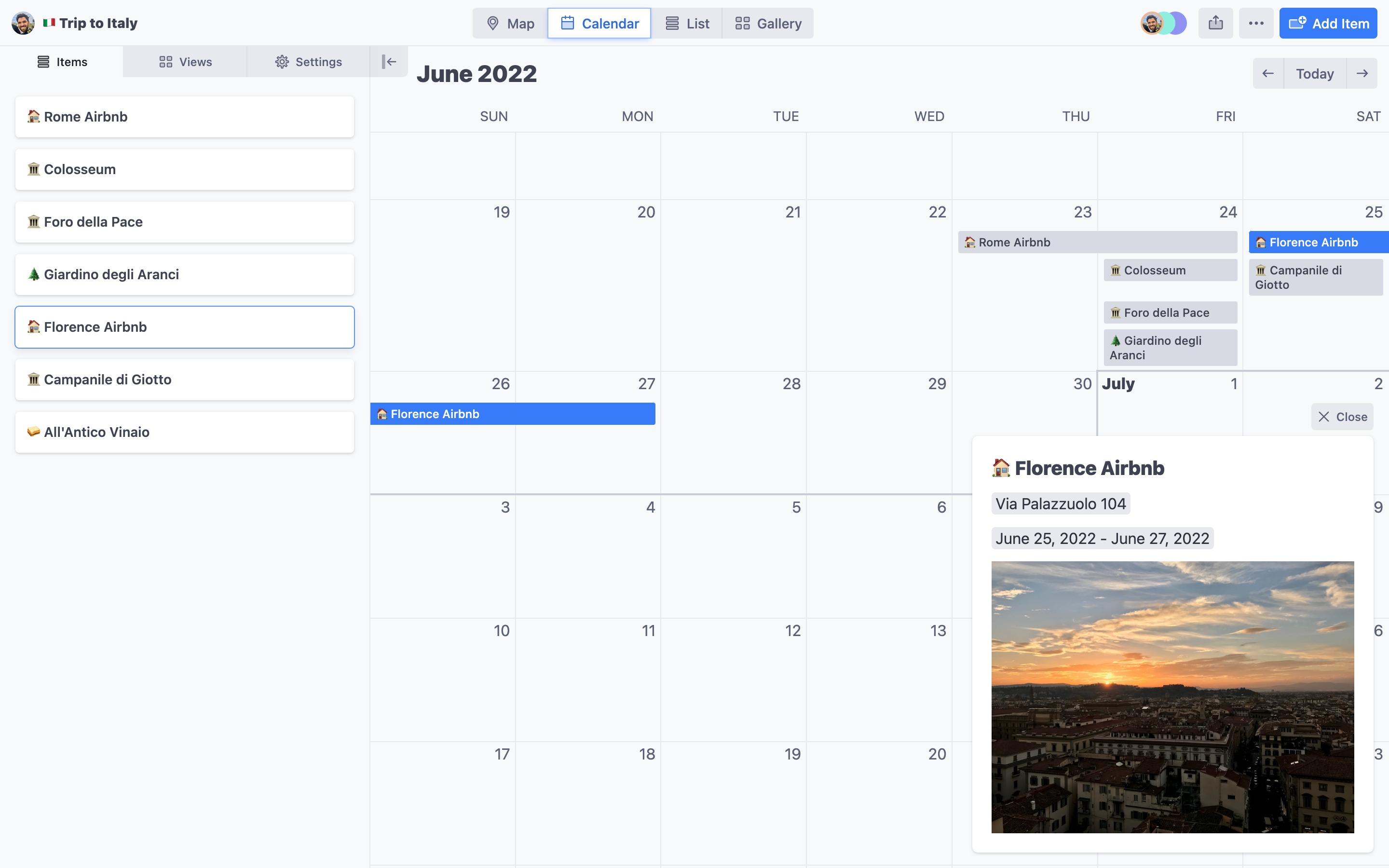 The calendar view for a trip-planning page.
